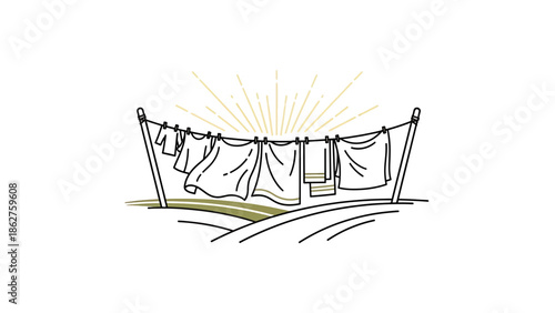 A simple line drawing depicts laundry hanging on a clothesline, drying in the sun's rays above a grassy landscape