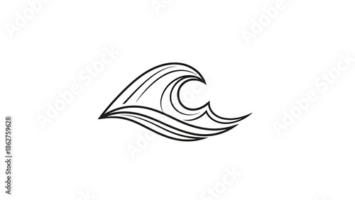 A simple, minimalist black and white illustration of a stylized wave. The artwork features flowing lines and curves, capturing the essence of the ocean
