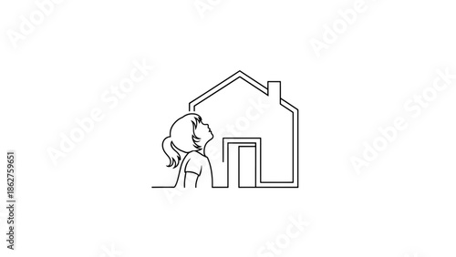 A simple line drawing depicts a young girl gazing upwards at a house silhouette, all outlined in black on a white background
