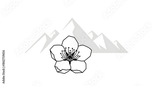 A simple, minimalist composition features a stylized flower in black outline against a backdrop of light grey geometric mountains. The flower sits centered