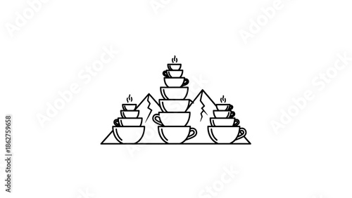 A simple, minimalist black and white illustration of mountains made out of stacked coffee cups, steam rising. A creative representation