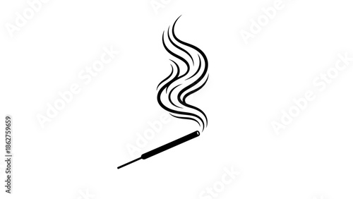 A simple, minimalist black and white image depicts a smoldering incense stick with stylized smoke curling upwards against a white backdrop