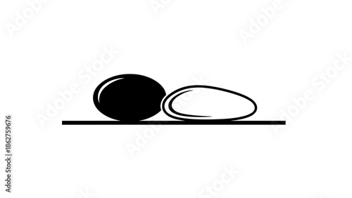 A simple, minimalist composition featuring two rounded, smooth shapes of contrasting black and white, resting on a line