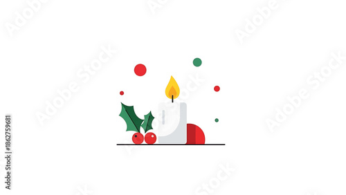 A simple, minimalist holiday illustration depicts a lit candle with a flame, holly, and red berries, with festive floating dots