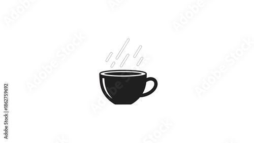 A simple, minimalist icon depicts a black coffee cup with rising steam against a white background. It suggests warmth