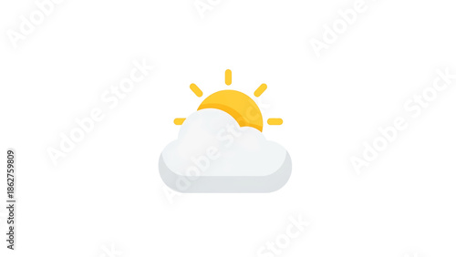 A simple weather icon, featuring a bright yellow sun partially obscured by a fluffy, white cloud. The sun's rays extend around the cloud's upper edge. The background is pure white