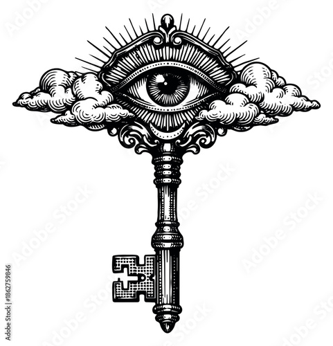 Hand drawn line art illustration of an all seeing eye key depicting mystical symbolism for spiritual or occult design