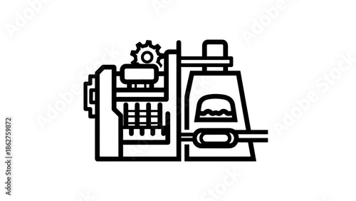 A simplified, black-and-white illustration of an industrial machine, featuring gears, grates, a chamber with a wavy element, and connecting pipes