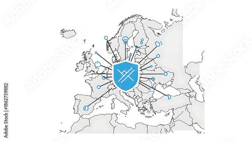 A simplified, cartographic representation of Europe, connected by lines emanating from a central shield design. The shield is blue and white