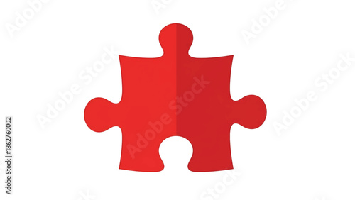 A single, red, puzzle piece sits centrally on a white background. The piece is split down the middle by a dark crease