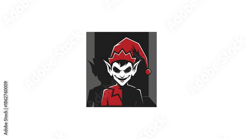 A sinister, cartoonish figure, an imp wearing a red hat with a red and black outfit, sinister grin, shadowed background