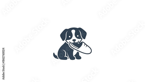 A sitting puppy with a shoe in its mouth is depicted with simplistic illustrations and textured details against a stark white background