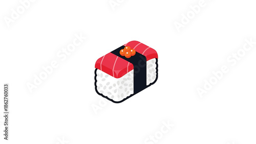 A single sushi piece with rice, fish, and roe illustration, centered on white. Its detailed rendering displays a fresh seafood dish