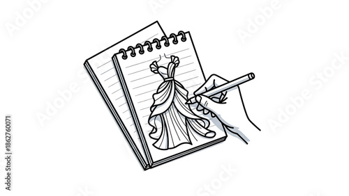 A sketch of a dress being drawn in a notebook, held in a hand with a pencil. The drawing is in line art style