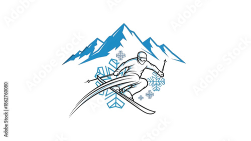 A skier carves down a slope, silhouetted against a white background, with mountains and snowflakes in a blue-and-white color scheme
