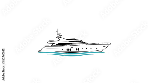 A sleek, black and white illustration depicts a luxurious motor yacht sailing on turquoise waves. The design is simple, clean, and elegant against a white background