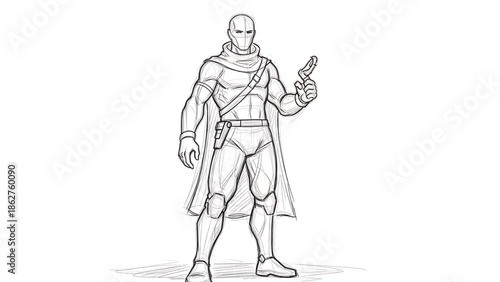 A sketched figure of a masked character, standing at attention with a futuristic pistol and cape. The illustration is in black and white