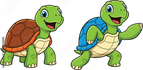 Cute Cartoon Turtle Characters Illustration with Smiling Green Tortoise in Walking and Running Poses for Kids Education, Animal Design and Friendly Mascot Art