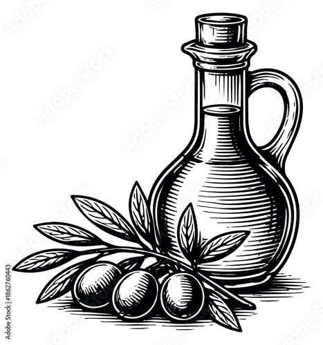 Line art illustration of an olive oil bottle and olive branch depicting natural ingredients for food and cooking