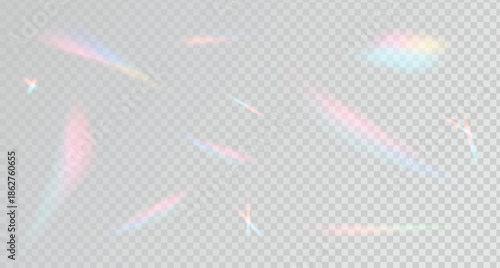 Holographic light with overlay prism effect. Glow rainbow shadow. Blurred blue, pink color crystal reflection. Set of iridescent lens. Isolated vector illustration on transparent background.