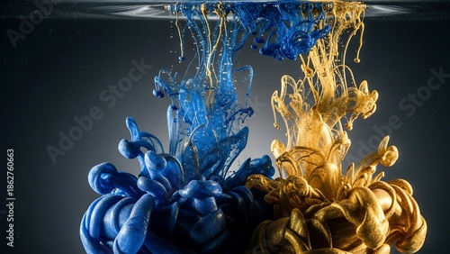 Vibrant blue and gold ink splashing underwater.
