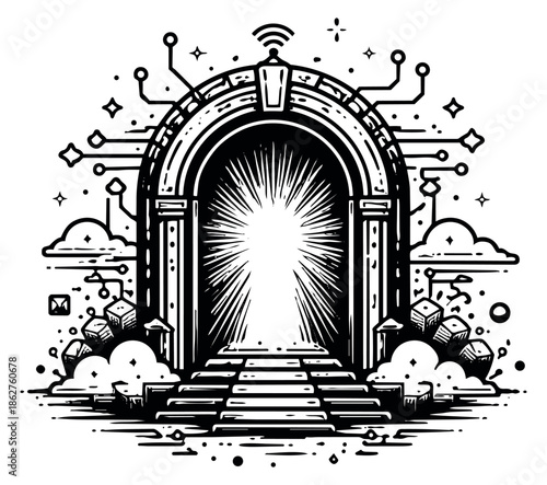 Hand drawn line art illustration of a digital portal depicting glowing light and connectivity for new possibilities