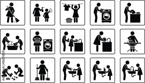 Household chores and family activity icons isolated on white background showing cleaning, laundry, cooking, childcare, washing dishes, and daily home routine concepts