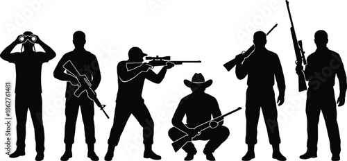 Hunter silhouette collection featuring men with rifles, binoculars and shooting poses, outdoor hunting activity, sport and wildlife adventure concept