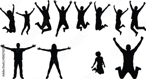 Jumping people silhouette collection showing joy, success and freedom, happy men women and children celebrating together, energetic lifestyle concept isolated