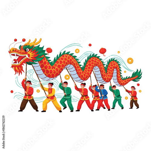 A vibrant cartoon dragon dance performance with a colorful dragon and eight dancers in traditional costumes on a white background, conveying a festive and lively mood with a flat lay