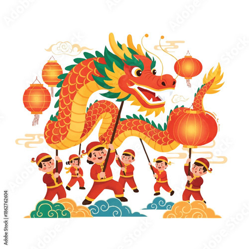 Cartoon illustration of a vibrant dragon and cute children in traditional attire holding lanterns in a lively procession against a clean white background with warm, festive tones.