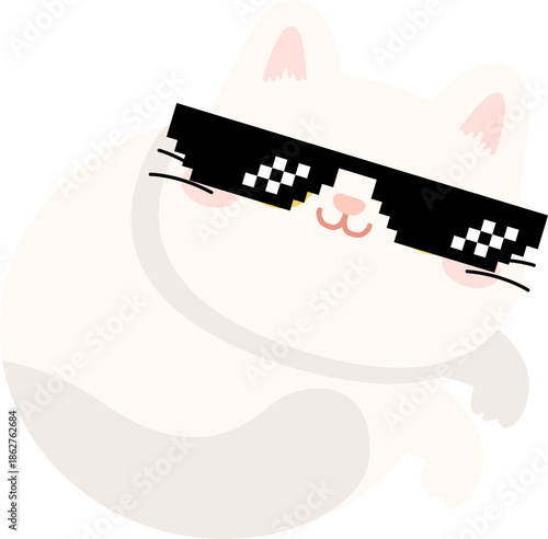 Cartoon White Cat Wearing Pixel Sunglasses