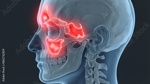 Detailed 3D rendering of a human skull showing highlighted facial bones and sinuses