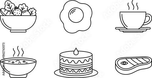 Food and Drink Line Icon Set Illustration with Breakfast Bowl, Fried Egg, Coffee Cup, Soup, Cake and Steak for Menu and Restaurant Design