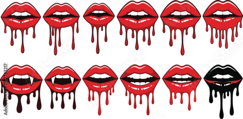 Dripping Vampire Lips Illustration Set with Bloody Mouth Expressions Showing Halloween Horror, Gothic Style, Dark Fantasy and Scary Makeup Design