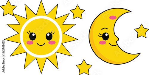 Cute Sun and Moon Cartoon Illustration with Smiling Faces and Stars Showing Day and Night Characters for Kids, Nursery and Fantasy Design