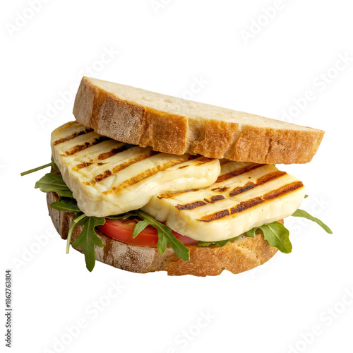 Grilled Halloumi Cheese Sandwich with Arugula Isolated on a Transparent Background