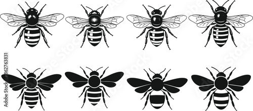 Bee Silhouette Illustration Set with Flying Honey Bees in Different Styles Showing Insect Shapes for Nature, Ecology, Logo and Tattoo Design