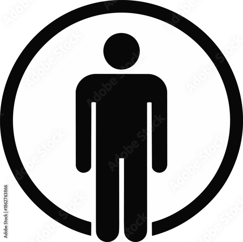 A black silhouette icon of a person inside a circle, often used to signify a male restroom or general human representation