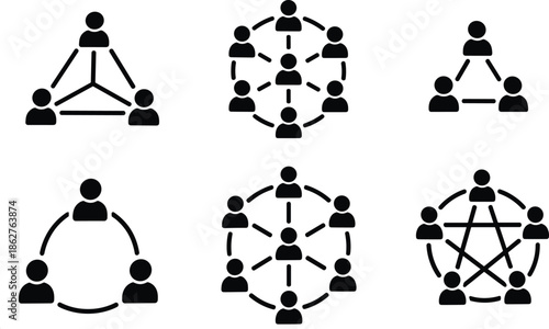 Teamwork and Collaboration Network Icon Set Showing Team Structure, Social Connection, Community Organization, and Communication Systems in Solid Glyph Style