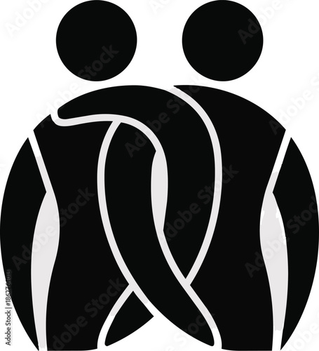 A black and white abstract icon symbolizing friendship, support, and human connection