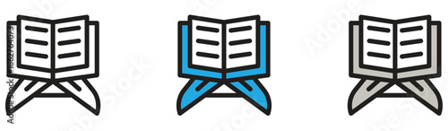 Three distinct icons depicting an open holy book on a rehal stand, suitable for religious studies