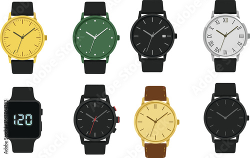 Wristwatch and Smartwatch Illustration Set Showing Analog and Digital Watches, Classic and Modern Timepieces, Fashion Accessories, and Minimal Watch Designs