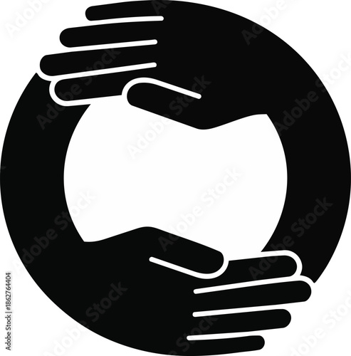 A black and white graphic illustration of two hands forming a continuous circle representing unity and connection