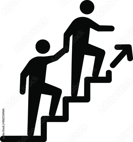 A black icon showing a helping hand on stairs for upward career progression