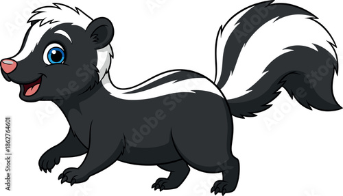 Cute Cartoon Skunk Character with Bushy Tail, Happy Black and White Woodland Forest Animal Mascot Vector Illustration.