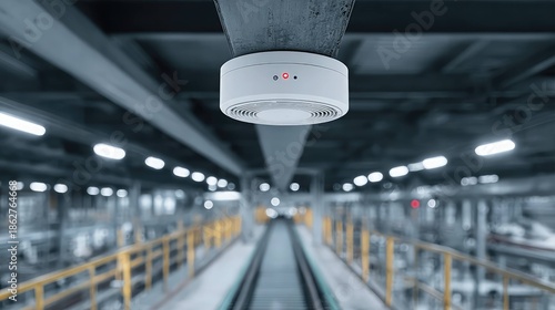 Industrial Smoke Detector Installed on Modern Factory Ceiling