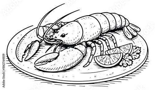 Hand drawn line art illustration of a cooked lobster on a plate depicting it served with lemon wedges for a seafood dinner