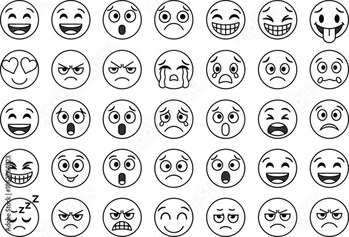 Large Set of Emoji Line Art Icons Featuring Various Facial Expressions and Emotions in Minimalist Outline Style