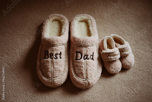 Father and Baby Slippers. Cozy scene with 'Best Dad' slippers and baby slippers on carpet, ideal for Father's Day or parenting themes.